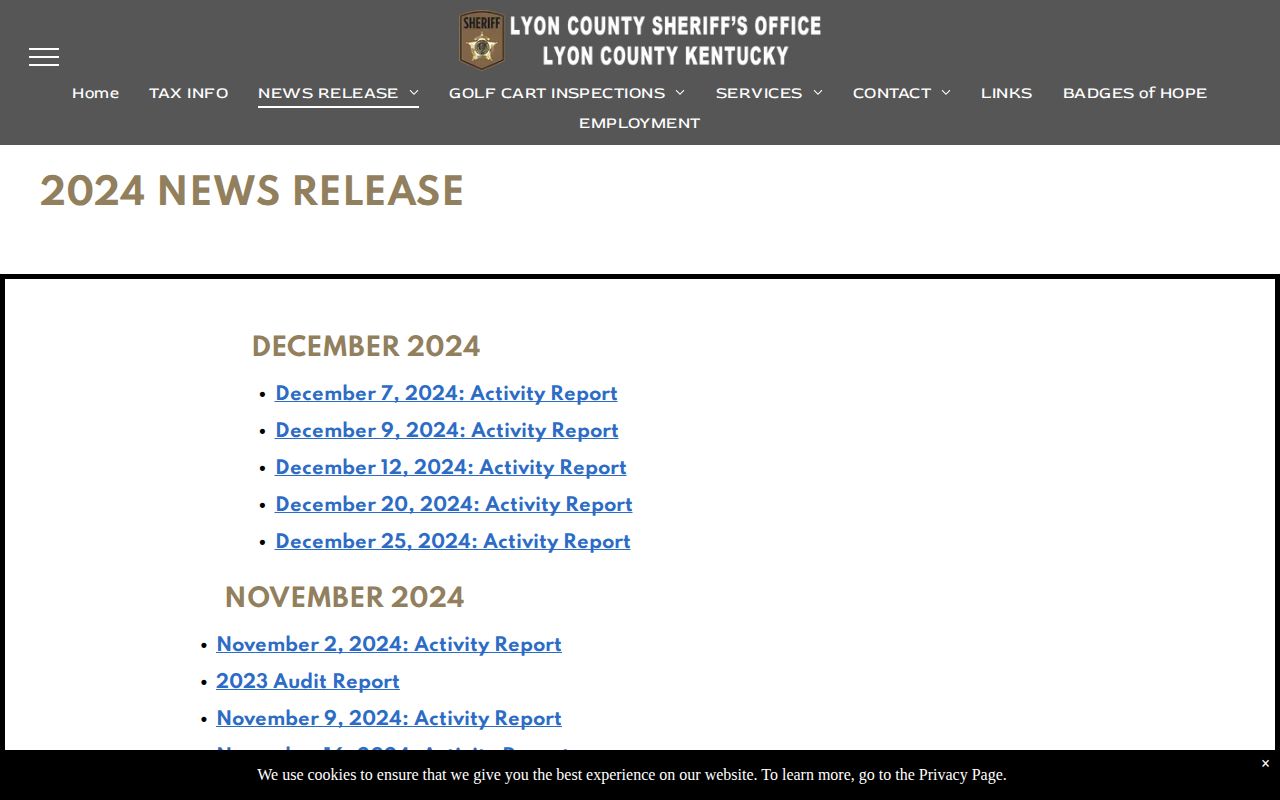Lyon County Sheriff archived activity reports showing multi-day report depth