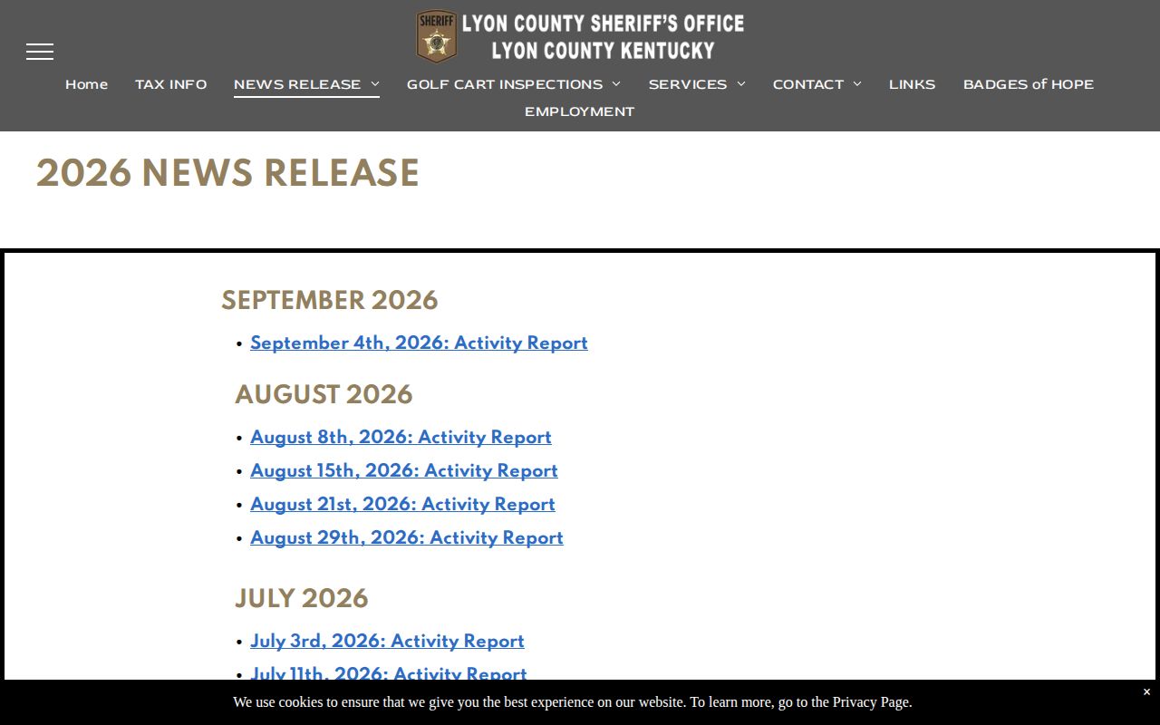 Lyon County Sheriff 2026 Activity Reports index used to check recent arrests