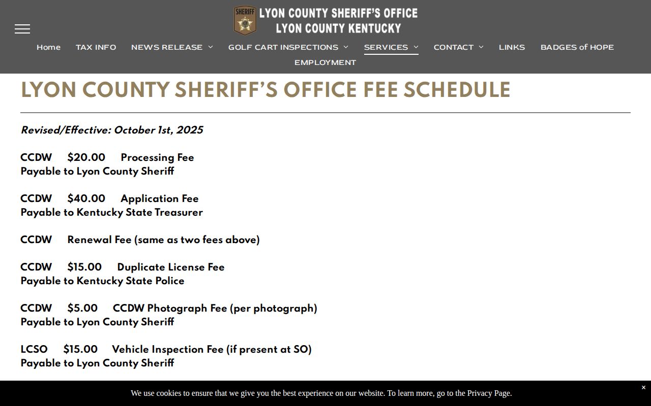 Lyon County Sheriff fee schedule with photo and report fees