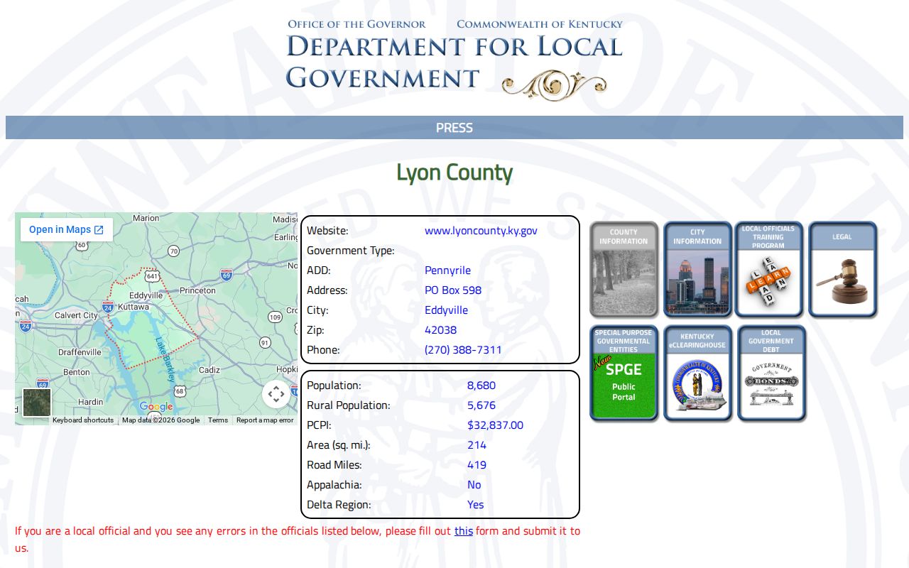 Kentucky DLG Lyon County profile with county officials