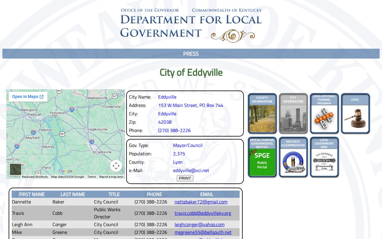 Official Kentucky local-government profile for the City of Eddyville