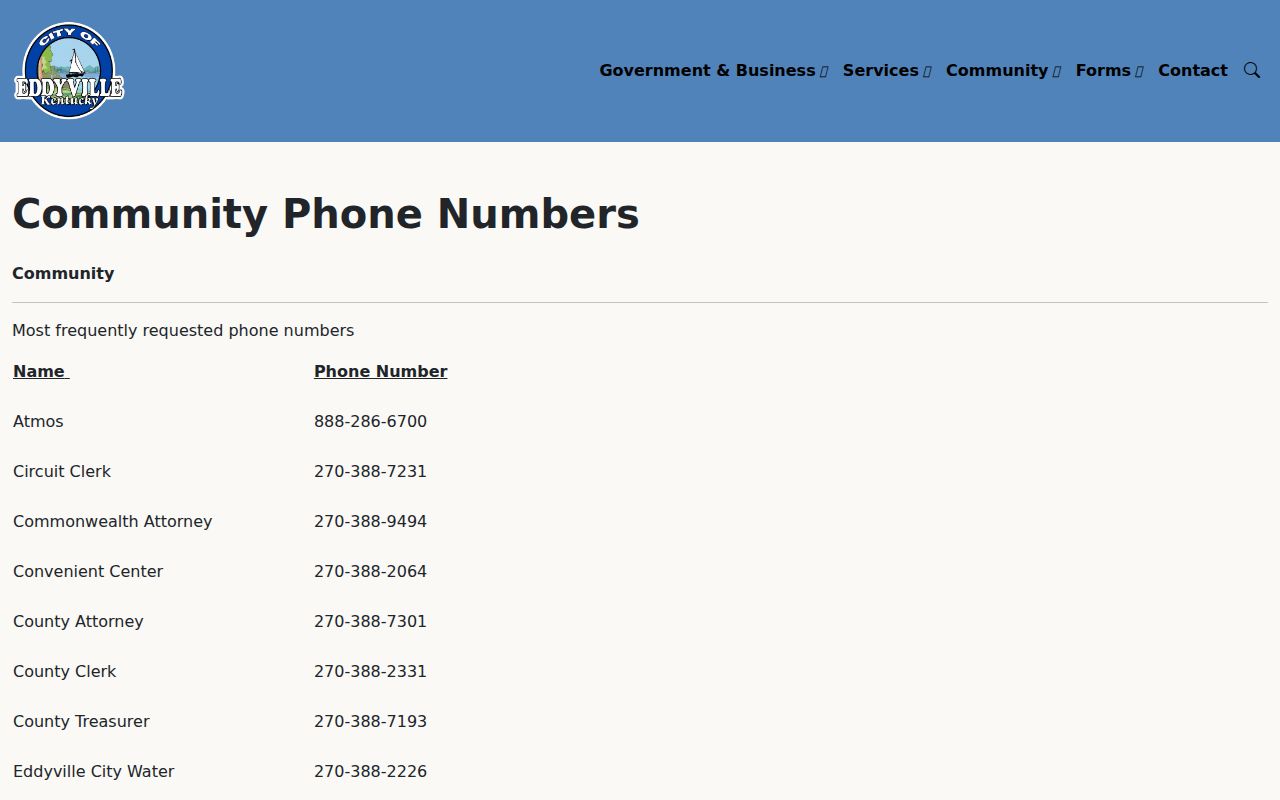 Official Eddyville community phone list showing the police non-emergency contact