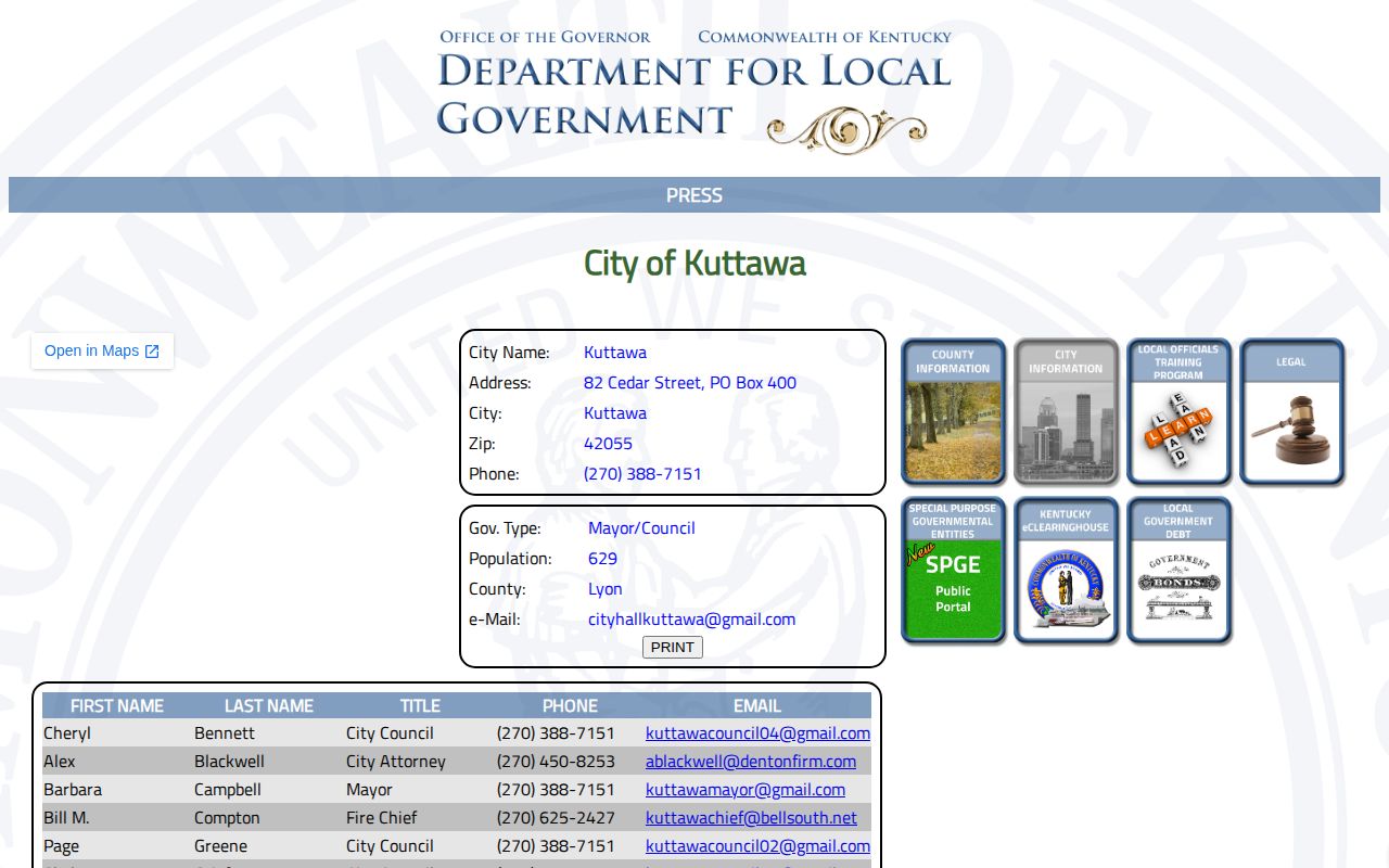Official Kentucky local-government profile for the City of Kuttawa