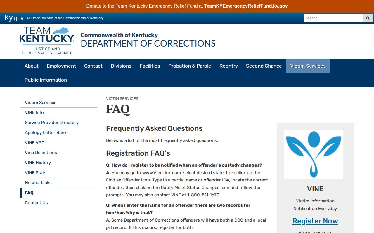 Kentucky VINE instructions for custody searches and notifications